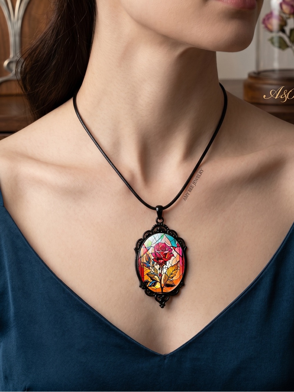 Stained Glass Rose Pendant Necklace. New. - Picture 3 of 6